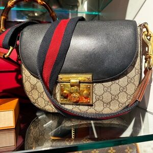 Gucci Black and Tan Crossbody Bag with Gold Accents